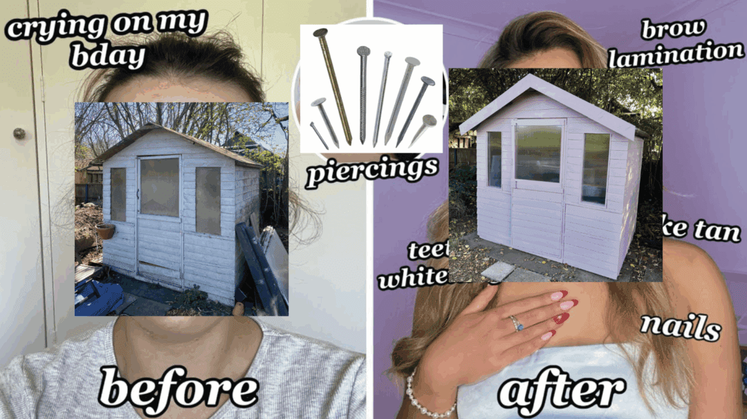 A composit image of a youtube thumbnail from a teenager showing a before and after of herself going through a makeover. The left half has the caption "before" and a broken shed has been super imposed over the youtuber's face. The right half of the image is captioned "after" and a pink decorated shed has been superimposed over the youtuber's face.
