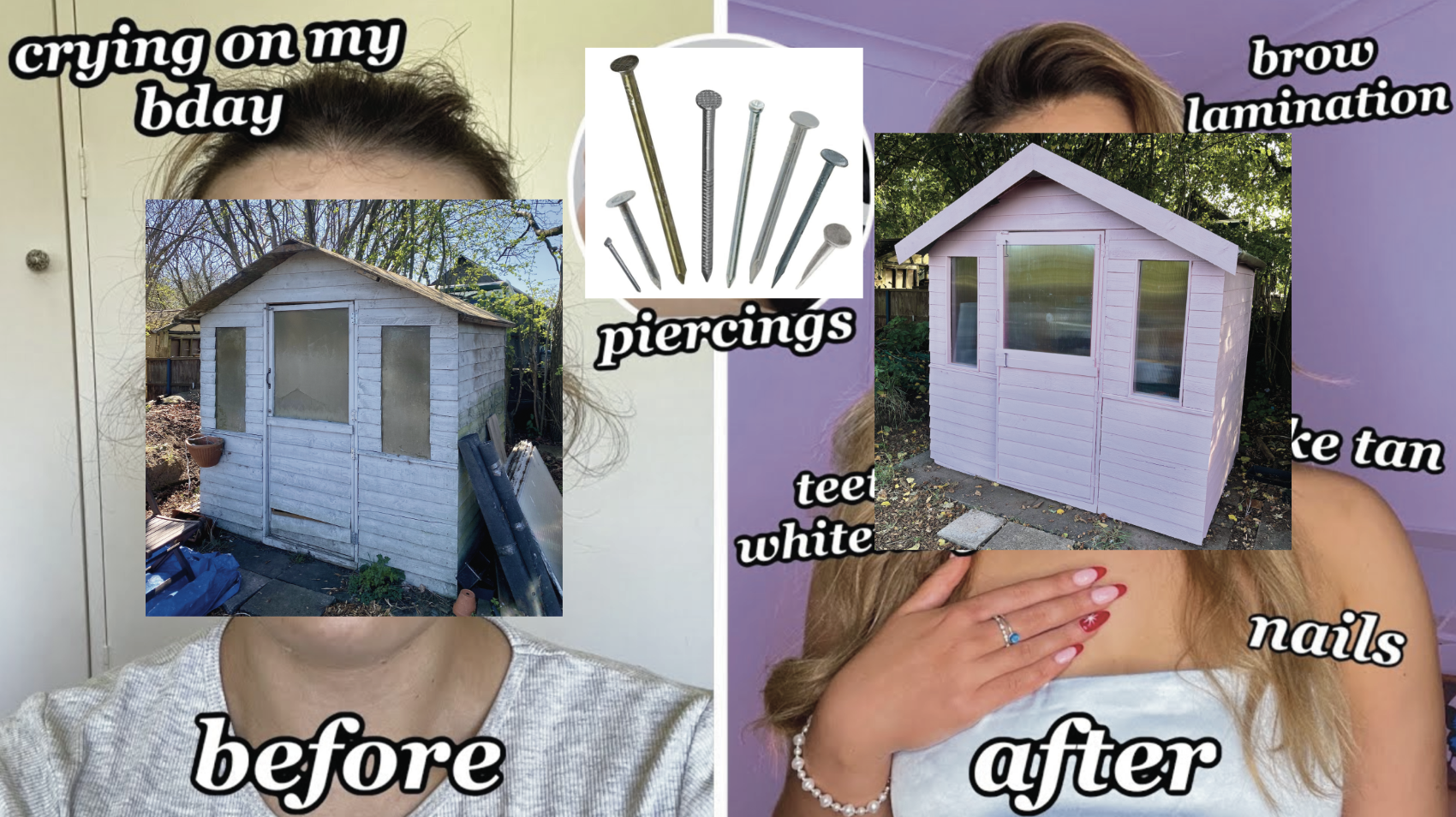 A composit image of a youtube thumbnail from a teenager showing a before and after of herself going through a makeover. The left half has the caption "before" and a broken shed has been super imposed over the youtuber's face. The right half of the image is captioned "after" and a pink decorated shed has been superimposed over the youtuber's face.
