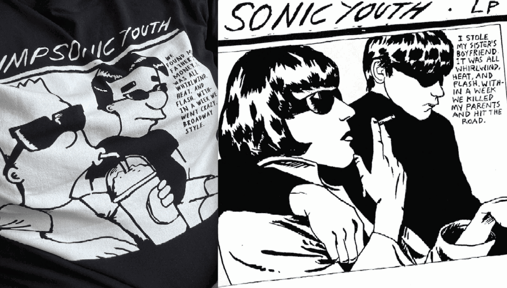 Two photos side by side as comparison. The left a photo of a black and white showing Millhouse and Bart from the Simpsons in the style of Sonic Youth's Goo album cover shown in the image on the right.